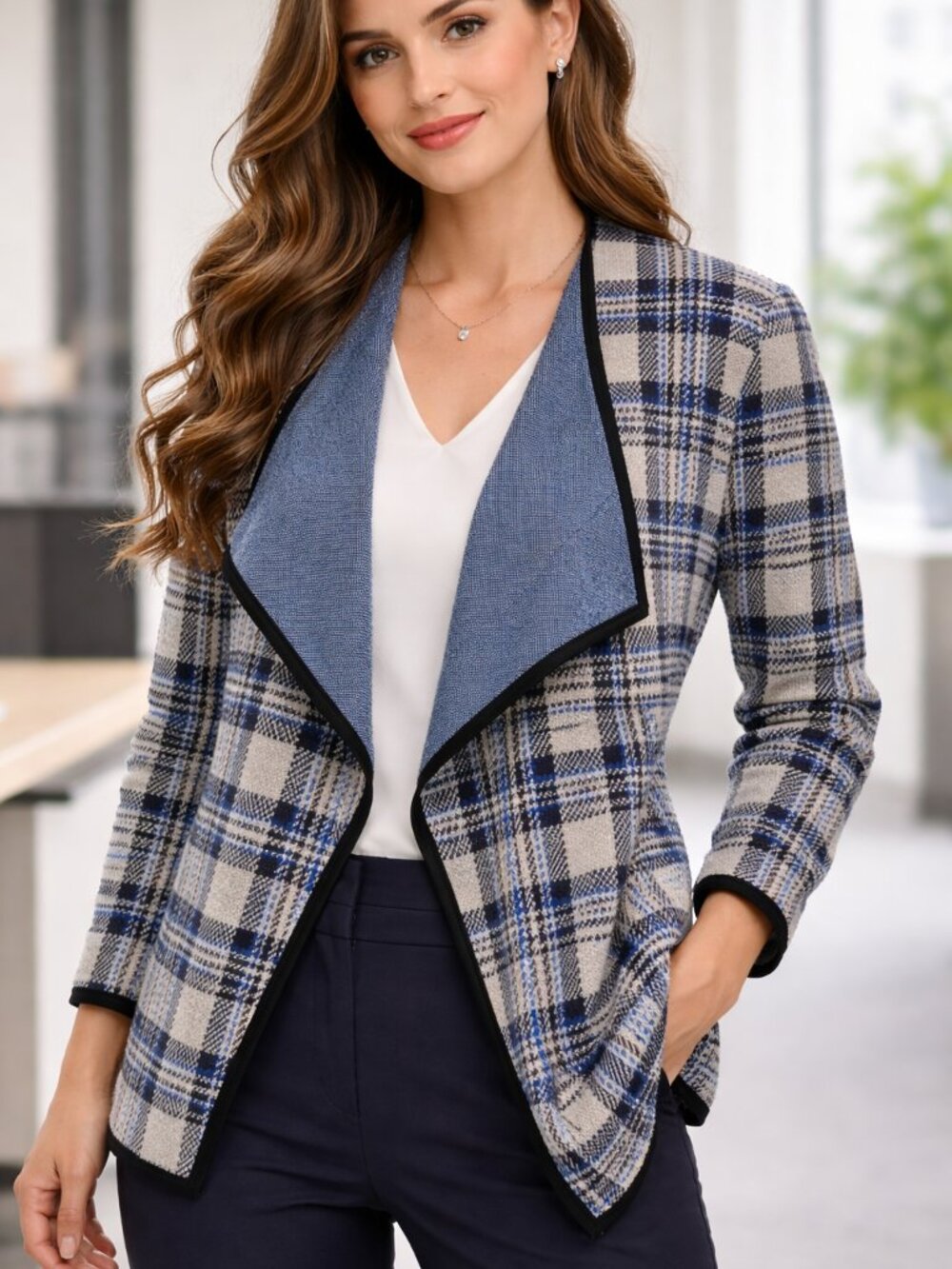Women's Jones New York Wrap Long Sleeve Plaid Sweeter Blue Beige Size Small Cozy